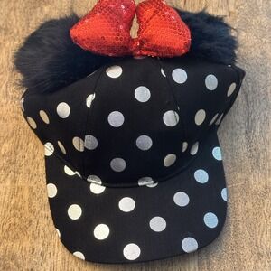 Disney Parks Minnie Pom Ears Silver Polka Dot Red Sequin Bow Black Baseball Hat‎